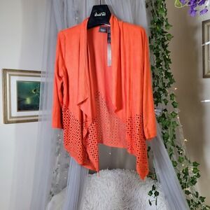 Chicos Travelers Size 1/M  Orange Faux Suede Laser Cut Open Front Drape Top NWT